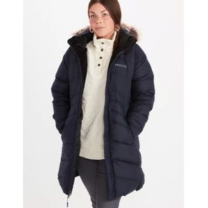 Marmot Montreal Coat Medium Navy with Faux Fur Hood Trim